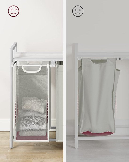 VASAGLE - Wasmand, mand voor vuile was, met 3 vakken en 3 verwijderbare zakken van Oxford-stof, werkblad, metalen frame - 3 x 38 liter, 92,5 x 33 x 72 cm, wit BLH301W01