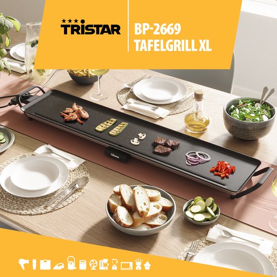 Tristar Grillplaat BP-2670- Tafelgrill XL: 100 x 23 cm - Voor binnen en buiten - BPA Free - Gourmet bakplaat voor op tafel - 10 tot 12 personen - Met regelbare thermostaat - Anti-aanbaklaag - Zwart