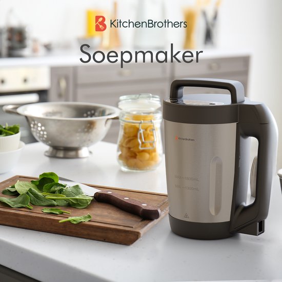 KitchenBrothers Soepmaker - 1.6L - 5 Programma's - Timer Display - Blender - RVS/Zwart