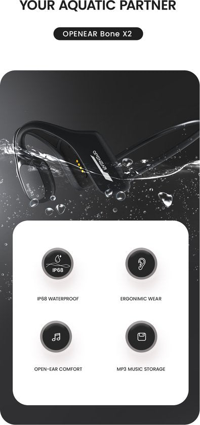 OPENAIR Bone x2 - Waterdichte Zwem Koptelefoon met MP3 Speler 32GB & Bluetooth 5.2 – Bone Conduction Sport Hoofdtelefoon – IPX8 Waterproof – Draadloze Zwem Headset voor Zwemmen, Hardlopen & Fitness