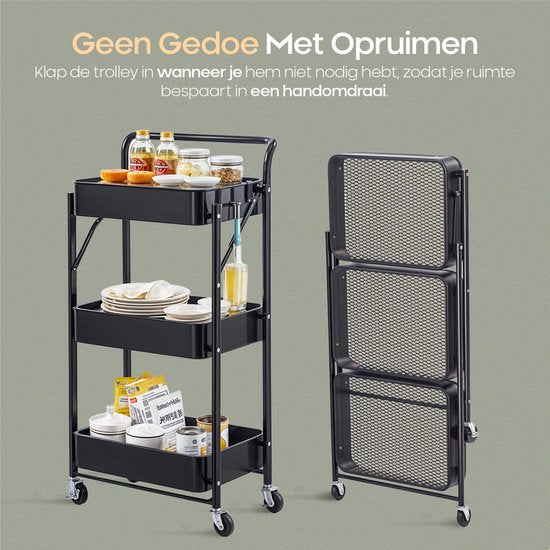 O'DADDY® Keukentrolley Inklapbaar - 3 Lagen - Serveerwagen Op Wieltjes - Keuken Trolley - Roltafel - Opbergtrolley - Opbergkar - Keukenrek - Zwart