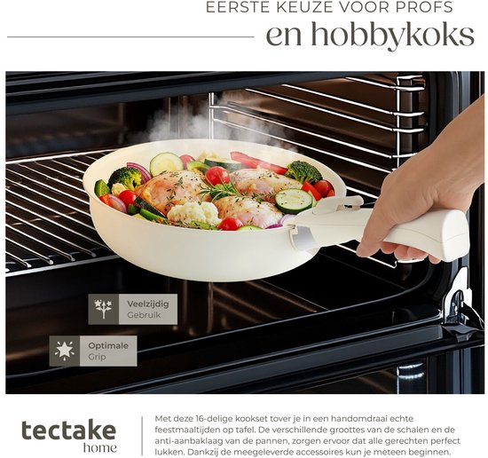 tectake® 16-delige Moderne Pannenset - 3 Koekenpannen - 2 Kookpannen - Geschikt voor Inductie - Inclusief Deksels, Afneembare Handgrepen en Beschermers - Pannen van Aluminium met Keramische Antiaanbaklaag - Ovenbestendig tot 175° - Wit