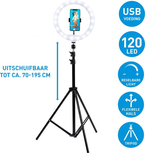 Grundig Ringlamp met Statief - Verstelbaar Ringlight tot 195cm - Tiktok Lamp met Telefoonhouder - Selfie Ring Light - Ringlamp met 3 Lichtstanden - Make Up Lamp