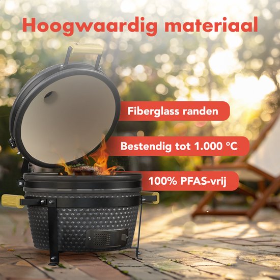KitchenBrothers Kamado BBQ - 16 Inch Houtskool Barbecue - 34⌀ cm - PFAS-vrij - Deluxe Set - Egg BBQ met Accessoires - Grijs