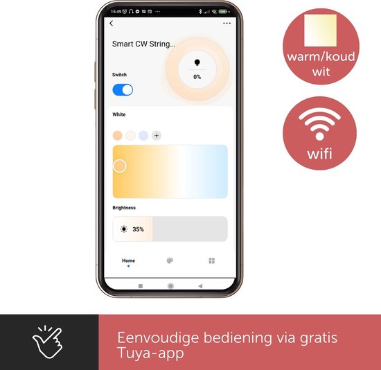 Vellight Slimme led slinger met Tuya App-bediening, 15 m, warm wit naar koud wit, continu licht