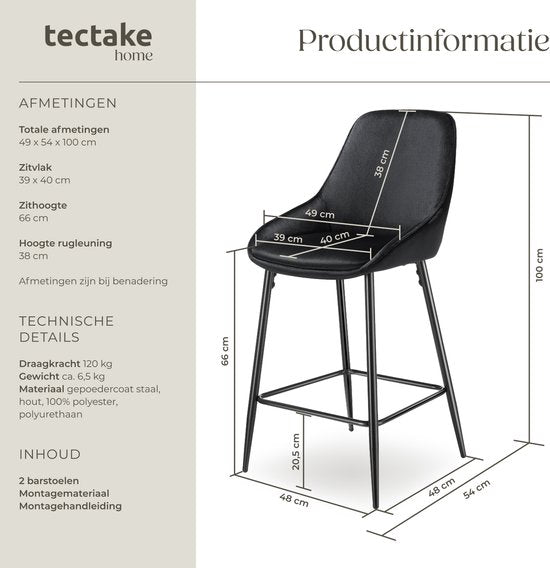 tectake® - Set van 2 Barkrukken Siera - Gestoffeerde Barkruk met rugleuning - Barstoelen - Barstoel met voetensteun - Eetkamerstoel met fluweellook bekleding en zachte schuimvulling - Stevige stalen poten met antislip vloerbescherming - Zwart