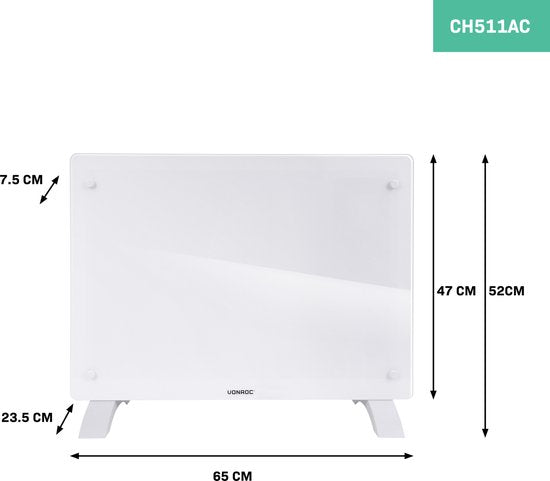 VONROC Luxe elektrische kachel - glazen paneel – 750W/1500W - Verwarmt ruimtes tot 18m2 - Bediening via app (via Wifi) of handmatig – Instelbare thermostaat en timer - Wit