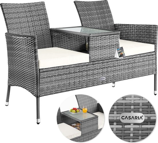 Casaria Polyrattan Tuinbank - Incl. Tafel & Kussens 7 cm - Grijs