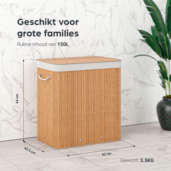 Organess wasmand 3 vakken - Wassorteerder - Wasmand met deksel - Opvouwbaar - 150L - Bamboe