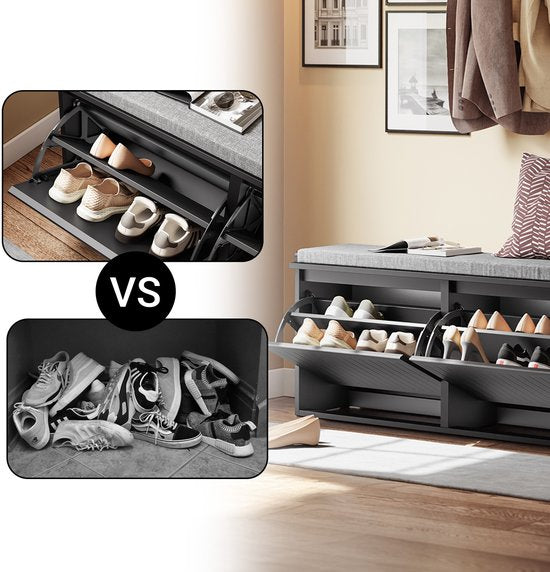 SoBuy Schoenenbank met Gevoerd Kussen - Schoenenkast met 2 Kleppen - Opbergkast voor schoenen - Zwart, 100x26x46 cm, FSR98-XL-SCH