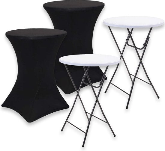 Brixy 2x Stevige Statafel + 2x Zwarte Statafelrok - Partytafel - Robuust en Weersbestendig - Inklapbaar - 80cm x 110cm - Feest - Wit/Zwart