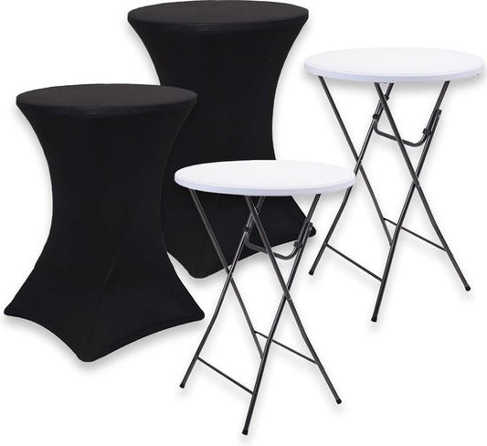 Brixy 2x Stevige Statafel + 2x Zwarte Statafelrok - Partytafel - Robuust en Weersbestendig - Inklapbaar - 80cm x 110cm - Feest - Wit/Zwart