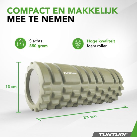 Tunturi Yoga Grid Foam Roller - Massageroller - Foamroller - Fitness Roller - Legergroen- 33cm - Incl. gratis fitnessapp