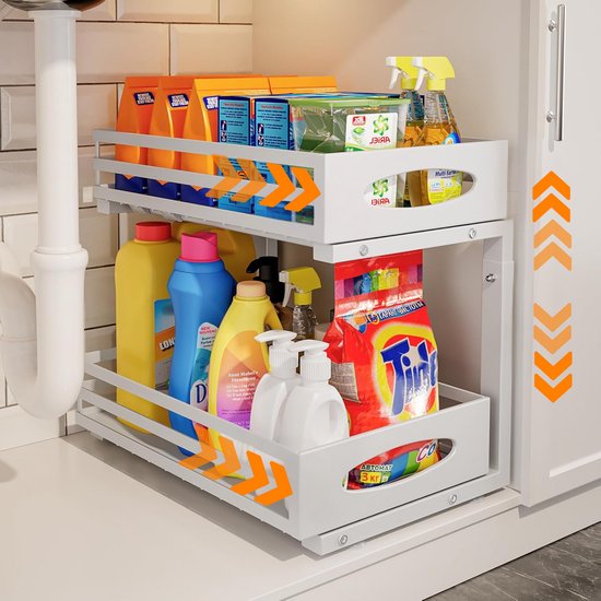 Posity Keukenkast Organizer - Gootsteenkast Organizer - Aanrecht Organizer - Opbergrek - Badkamer Organizer - Keukrenrek - Uitschuifbaar - Metaal - Wit