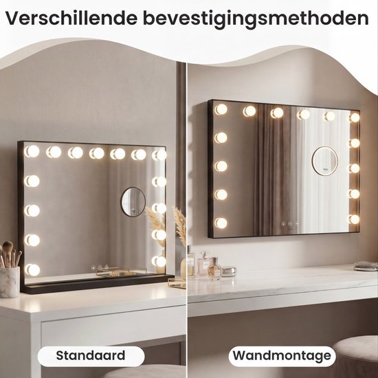 Bayt Hollywood Spiegel met verlichting - Make Up Spiegel met Verlichting - Spiegel Met Verlichting - Dimbaar - 10x Vergroting - 58x46cm - Zwart
