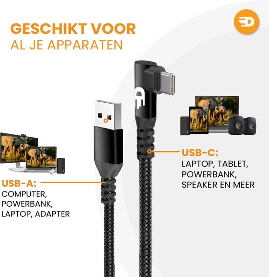 Drivv. USB naar USB C Kabel - Haaks - USB C Data en oplaadkabel - Fast Charge / Snellader - 3 Meter - Geschikt voor Samsung, iPhone 15 en Meer -Zwart