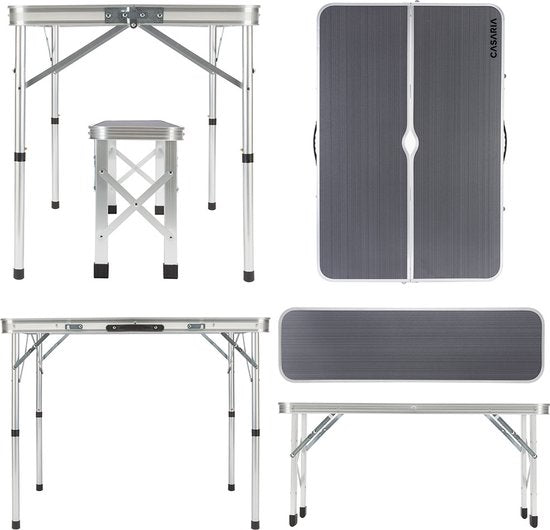 Casaria Campingtafel Aluminium – Incl. 2 Banken/Inklapbaar - Grijs