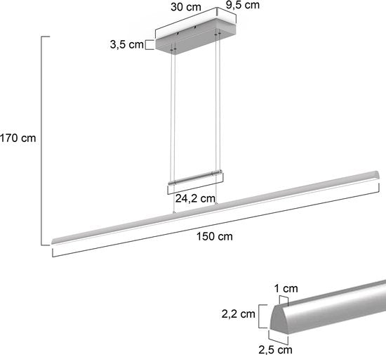 Hanglamp Profilo 3318ST van Steinhauer van staal, 150 cm breed, hoogte instelbaar van 110 tot 170 cm, 2100 lumen, modern design voor binnengebruik