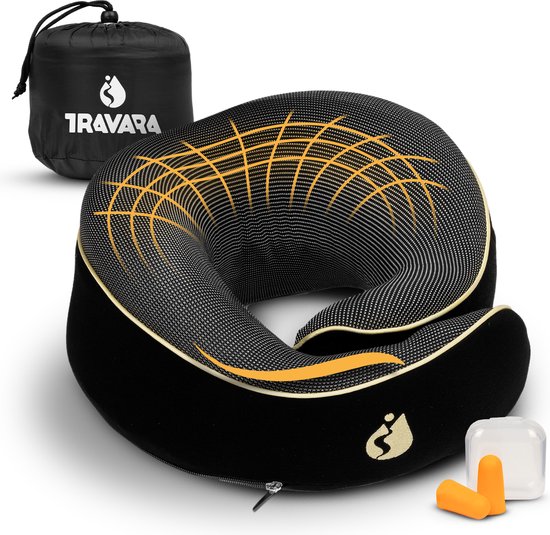 TRAVARA Nekkussen - Reiskussen - Voor Vliegtuig - Auto - Traagschuim - Memory Foam - Met Oordoppen - Zwart
