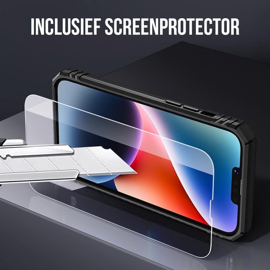 Podec Hoesje geschikt voor iPhone 14 Zwart Telefoonhoesje - Anti-Shock Case Cover Hybrid Armor Hoes met Kickstand Ring met Screenprotector