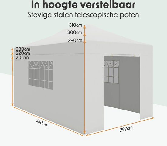 LifeGoods Partytent - Paviljoen - 3x4.5 m - Zijwanden - Easy Up - Opvouwbaar - Waterdicht - Draagtas met Wieltjes - Wit
