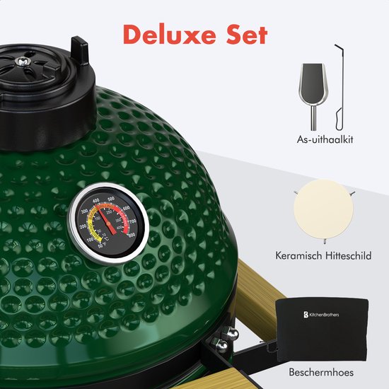KitchenBrothers Kamado BBQ - 13 Inch Houtskool Barbecue - 27⌀ cm - PFAS-vrij - Deluxe Set - Egg BBQ met Accessoires inclusief Hoes - Groen