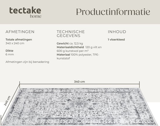 tectake - Vintage design tapijt - laagpolig vloerkleed - Aliya - 240cm x 340cm - grijs