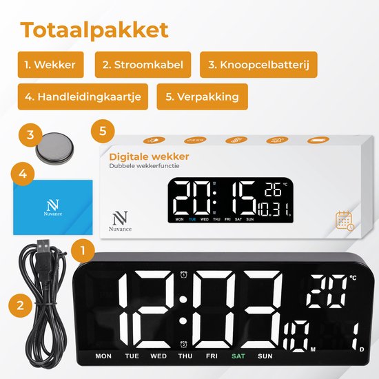 Nuvance Digitale Wekker - Digitale Klok - Reiswekker voor Kinderen & Volwassenen - Alarmklok - LED Wekkers Digitaal