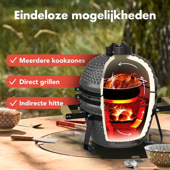 KitchenBrothers Kamado BBQ - 13 Inch Houtskool Barbecue - 27⌀ cm - PFAS-vrij - Deluxe Set - Egg BBQ met Accessoires inclusief Hoes - Grijs