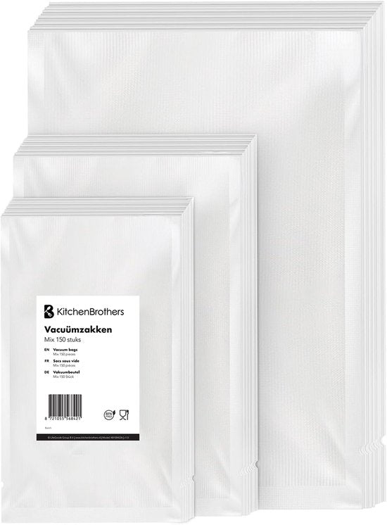 KitchenBrothers Vacuumzakken - 150 stuks - Mix Set - BPA-vrij - Vacuumzakken voedsel - Sous vide zakken - Voor Vacumeermachine