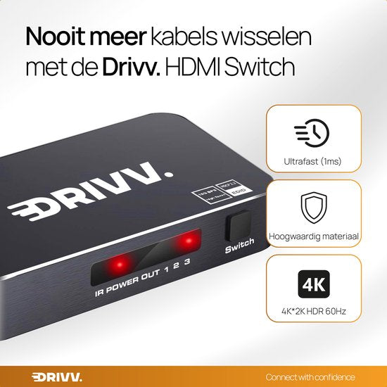 Drivv. HDMI Switch 4K 60Hz – 3 ingangen 1 uitgang - Incl Afstandsbediening - Automatisch Schakelen - 780/1080p/4K - Zwart