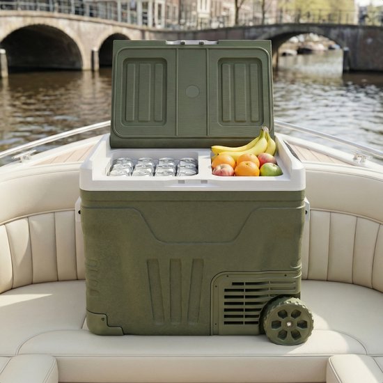 Auronic Elektrische Koelbox - Compressor - 2 Zones - 45L - 12/24V en 240V - Koelen en Vriezen - Camping Koelkast - Frigobox Auto - Met Wielen en Hendel - Groen