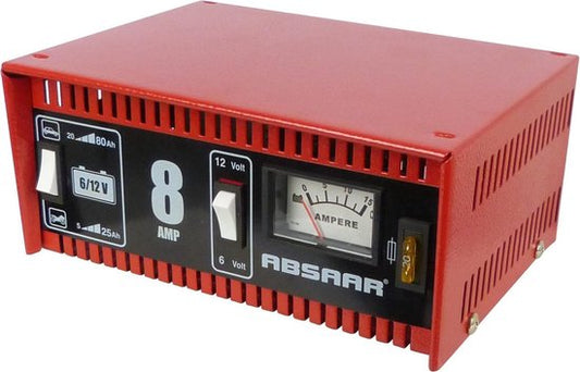 Absaar Acculader 6/12V 8A - voor auto en motorfiets - metalen behuizing