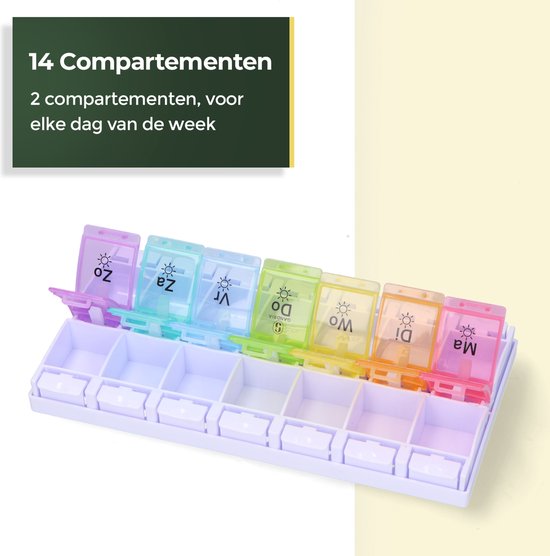 Gandria Pillendoos 7 Dagen - Pillendoosje - Pillendoosjes met 14 Compartimenten - Medicijndoos met Stevige Sluiting - Grote vakken - Verschillende kleuren