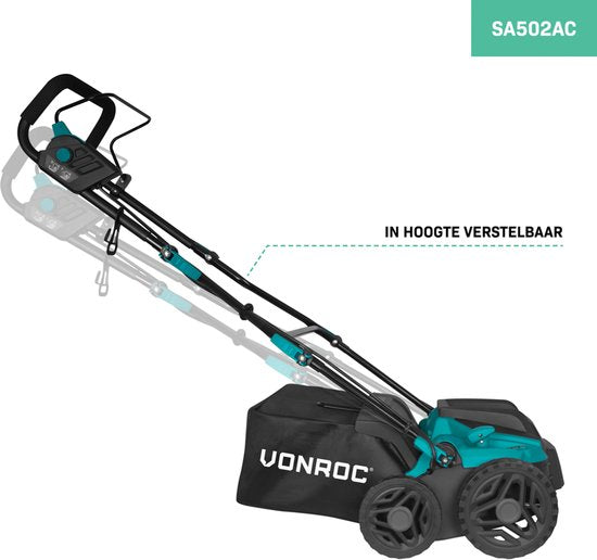 VONROC Elektrische verticuteermachine - gazonbeluchter – 1500W - maaibreedte 36 cm – 5 standen: 4 dieptestanden (12/9/6/3 mm) + 1 transportstand (+10 mm) – incl. 45L. opvangbak