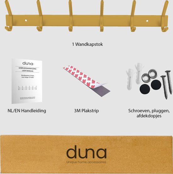 Duna Wandkapstok - 12 Haken - RVS - Muur Kapstok Hangend - Handdoekrek - 3M Tape - Messing - Goud