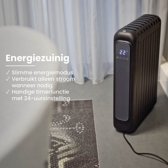 QLT Elektrische Kachel met App Bediening, Thermostaat en Timer – Convectorkachel – Olievrije Radiator met Wielen en Wandoptie – Tot 20m² – Zwart