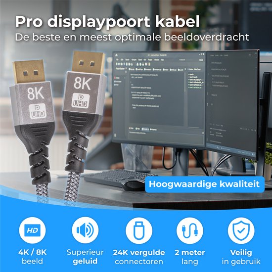 Nuvance - Displayport Kabel - 2 Meter Display Kabel - tot 32.4GBps - 8K Ultra HD - voor TV, Computer, Monitor, Projector & Beamer - Display Port