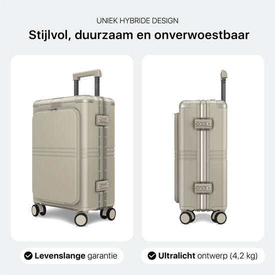 ONYX Hybrid Pro Handbagage Koffer met Voorvak 38 Liter - Gerecycled Polycarbonaat en Ritsloos Design - Reiskoffer met TSA slot en Spinner wielen - Lichtgewicht Trolley met Laptopvak - Ivory White