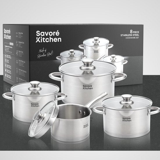 Savoré Kitchen 8-delige RVS Pannenset - Kookpannen met Glazen Deksel - Inductie Pannen - Afgietrand, Maatverdeling en Schenktuit