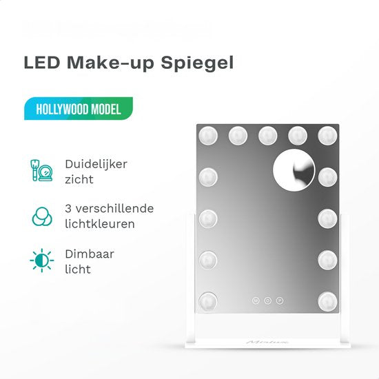 Mirlux Make Up Hollywood Spiegel met Verlichting (44x30cm) - Visagie - Dimbaar LED Lampen Licht - 13 Lampen - Wit