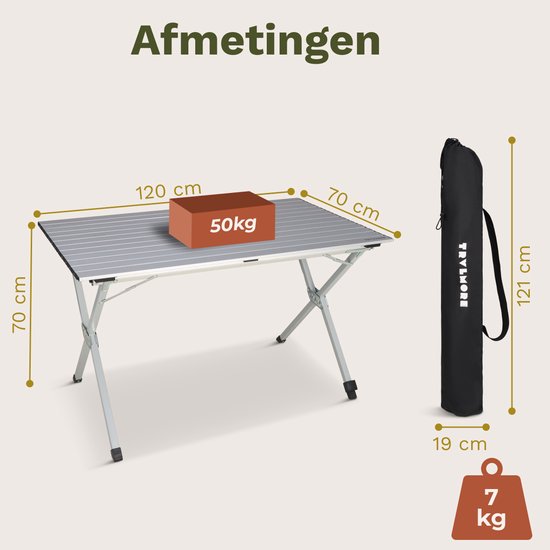 TRVLMORE Campingtafel - 120x70x70cm - Lichtgewicht met Aluminium Frame - Vouwtafel Verstelbaar - Kampeertafel - Klaptafel - Zwart