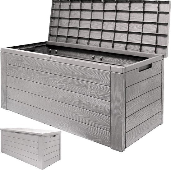 Deuba Kussenbox Woody 120cm grijs hout-look – tuinkussenbox tuinbox