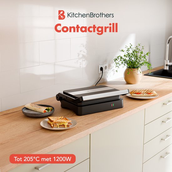 KitchenBrothers Contactgrill - Tosti Apparaat - Grill Apparaat - Panini Grill - Croque Monsieur Toestel - Tosti ijzer - 1200W - Zwart