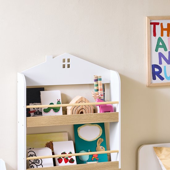 SoBuy KMB121-WN Boekenkast voor kinderen, 4 niveaus, meubels, speelgoed, boekenkast, opbergkast, plank, slaapkamer, wit/naturel, 60 x 15 x 130,5 cm