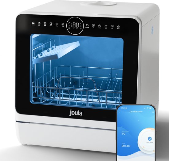 Joula Vrijstaande Mini Vaatwasser met Waterreservoir - 7 Wasprogramma's - 5 Couverts - Kleine Vaatwasser - Smalle Camping Afwasmachine Vrijstaand - 43x43x46 cm - Wit
