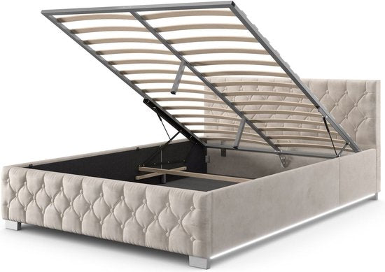Gestoffeerd Bed Nizza - 140 x 200 cm - Beige - LED Verlichting & Bedlade