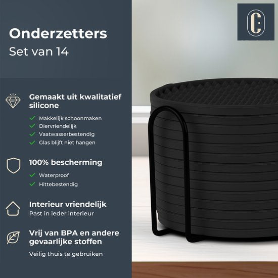 Castagnola Siliconen Onderzetters – Onderzetters voor Glazen – Design Onderzetters met Houder – Onderzettersset – Anti Slip - Set van 14 – Zwart