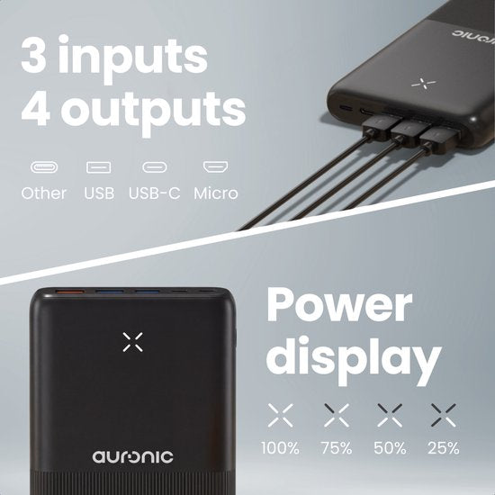 Auronic Powerbank 30.000 mAh - 22.5W Snellader via USB-C, USB-A, Micro-USB - Inclusief Kabel - Universeel - Quick Charge - Noodpakket - Zwart