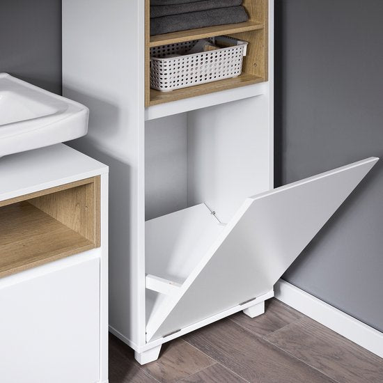 SoBuy BZR146-W Badkamerkast - Wit Houtcomposiet met Wasmand